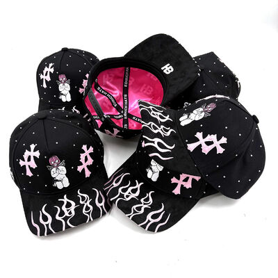 Suede Brim Cotton Baseball Cap 5 Panel Structured 3D Embroidery with Rhinestone Leather Crosses Patch