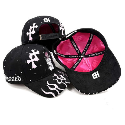 Suede Brim Cotton Baseball Cap 5 Panel Structured 3D Embroidery with Rhinestone Leather Crosses Patch