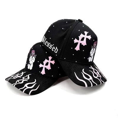 Suede Brim Cotton Baseball Cap 5 Panel Structured 3D Embroidery with Rhinestone Leather Crosses Patch