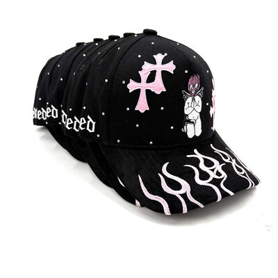Suede Brim Cotton Baseball Cap 5 Panel Structured 3D Embroidery with Rhinestone Leather Crosses Patch