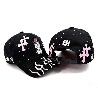 Suede Brim Cotton Baseball Cap 5 Panel Structured 3D Embroidery with Rhinestone Leather Crosses Patch