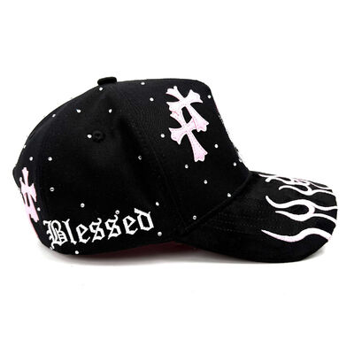 Suede Brim Cotton Baseball Cap 5 Panel Structured 3D Embroidery with Rhinestone Leather Crosses Patch