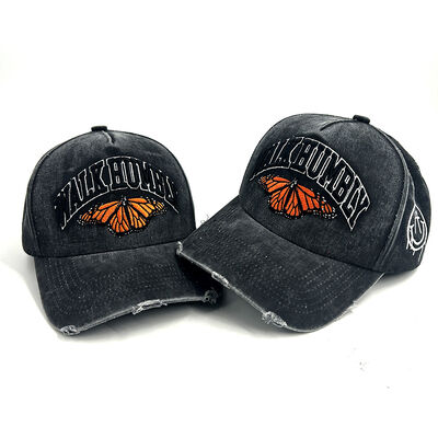 Popular 5 Panel Custom Baseball Caps Washed Cotton Distress 3D Puff Embroidery Sport