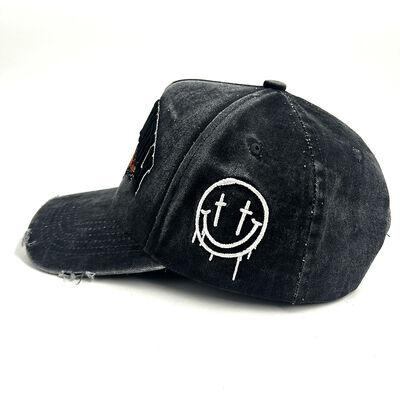 Popular 5 Panel Custom Baseball Caps Washed Cotton Distress 3D Puff Embroidery Sport