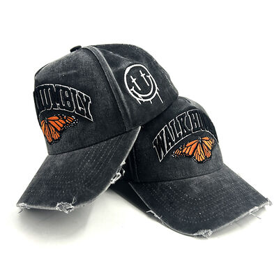 Popular 5 Panel Custom Baseball Caps Washed Cotton Distress 3D Puff Embroidery Sport