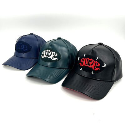5 Panel PU Leather Custom Hats Baseball Cap Patch Logo Stitching Personalized