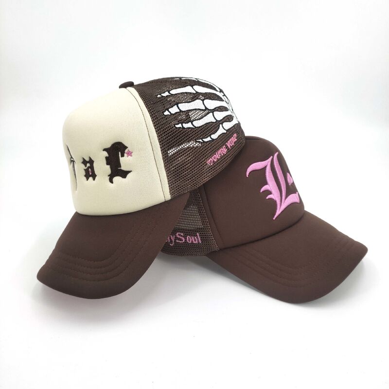 Personalize Sport Patterns Custom Embroidery Trucker Hats Skull Bone Hand Embroidered On Side 5 panel Snapback