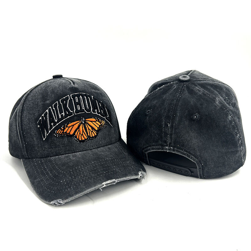 Popular 5 Panel Custom Baseball Caps Washed Cotton Distress 3D Puff Embroidery Sport